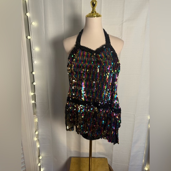 Glamour Costumes Dance Black and Blue Sequin Halter  One Piece - Picture 7 of 7